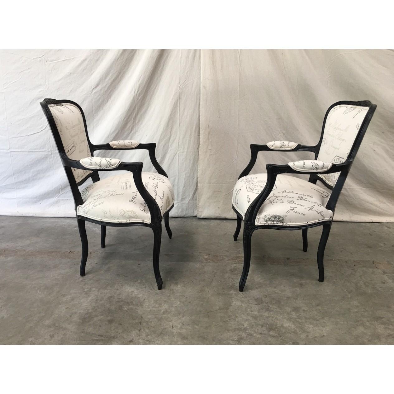 Vintage Style Louis XV Painted Arm Chairs in White Linen
